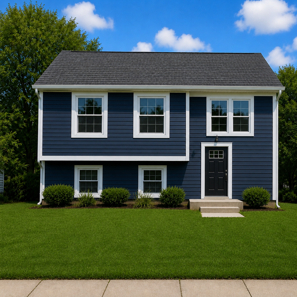 Blue siding and refreshed home exterior after remodeling