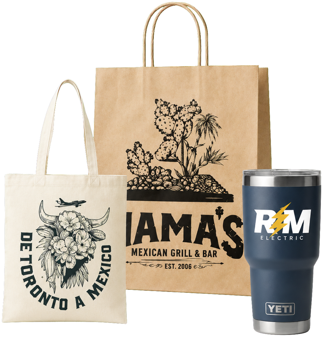 Custom branded tote bag and tumbler promo products
