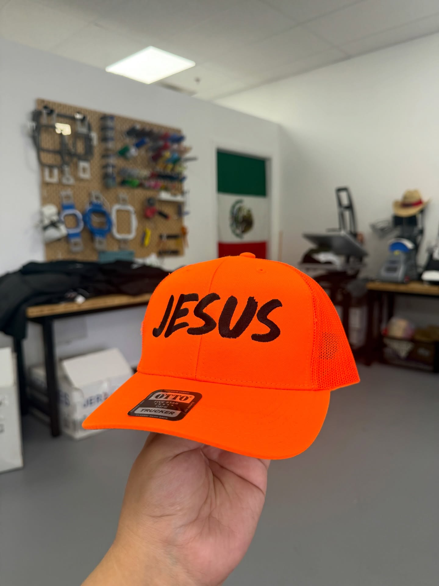 Orange Jesus baseball hat embroidery