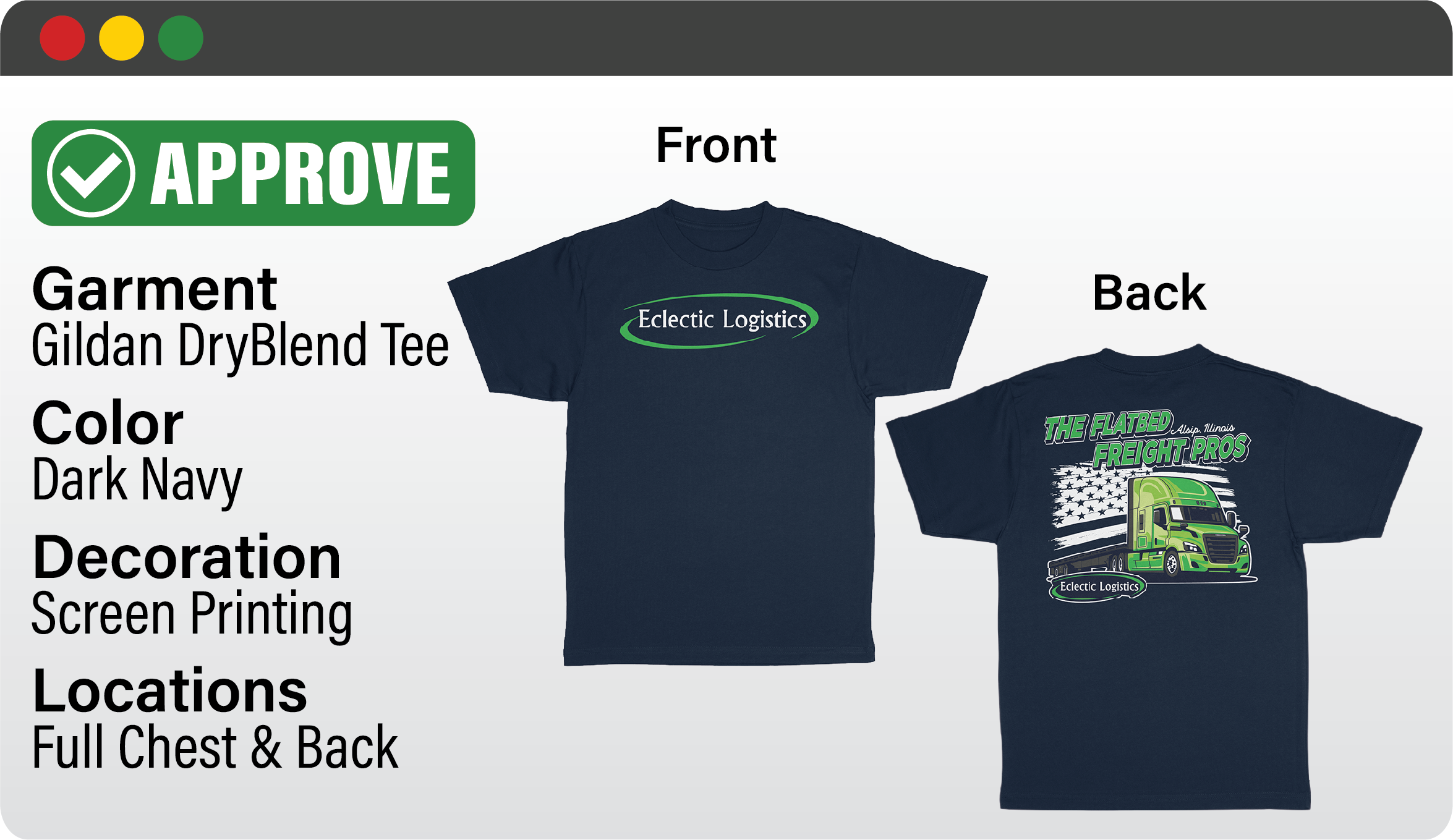 Approved apparel mockup showing front and back placement