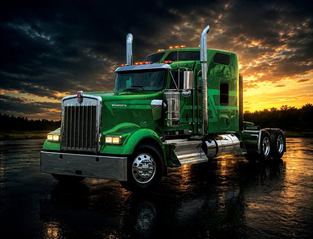 Green Kenworth reward truck at sunset