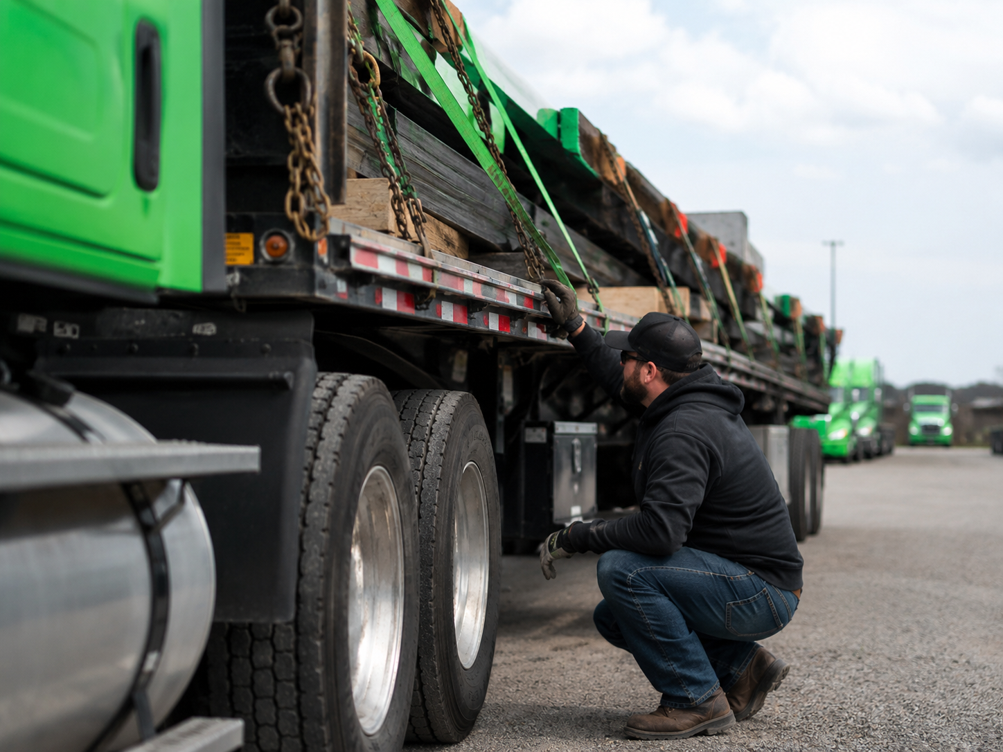 Driver checking safety chains and rigging gear on assigned trailer
