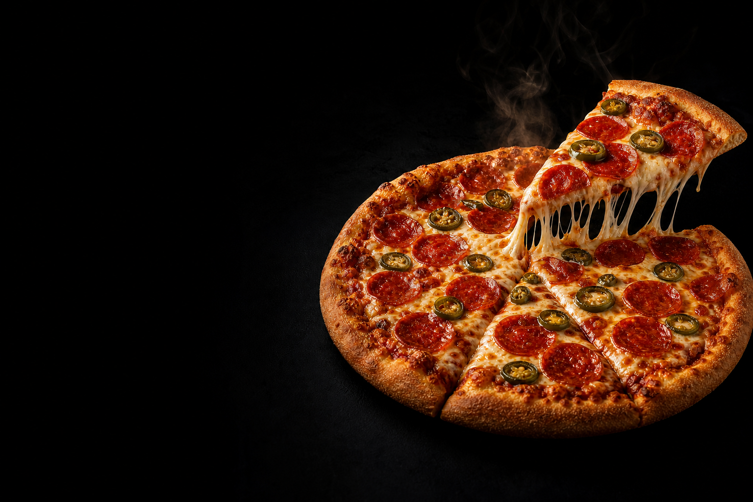 Pepperoni and jalapeno pizza with a complete cheese-pull slice