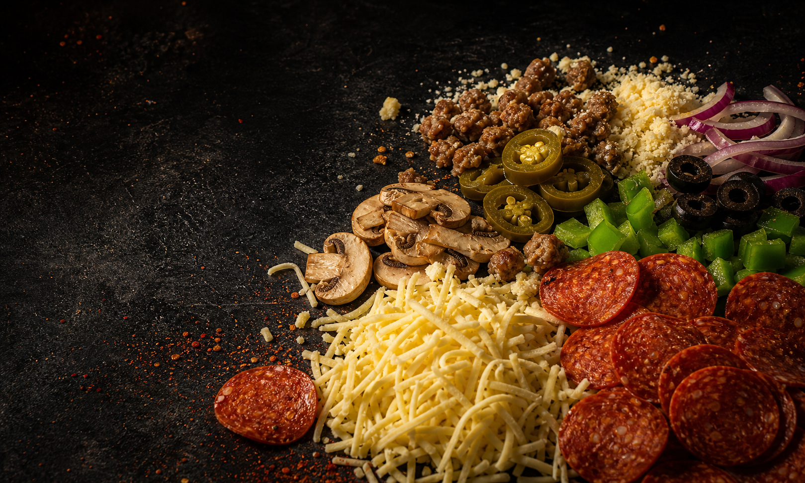 Pizza toppings and shredded cheese