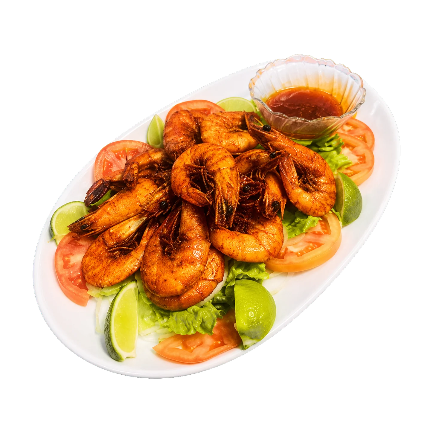 Camarones cucaracha served with lime, lettuce, tomato and dipping sauce