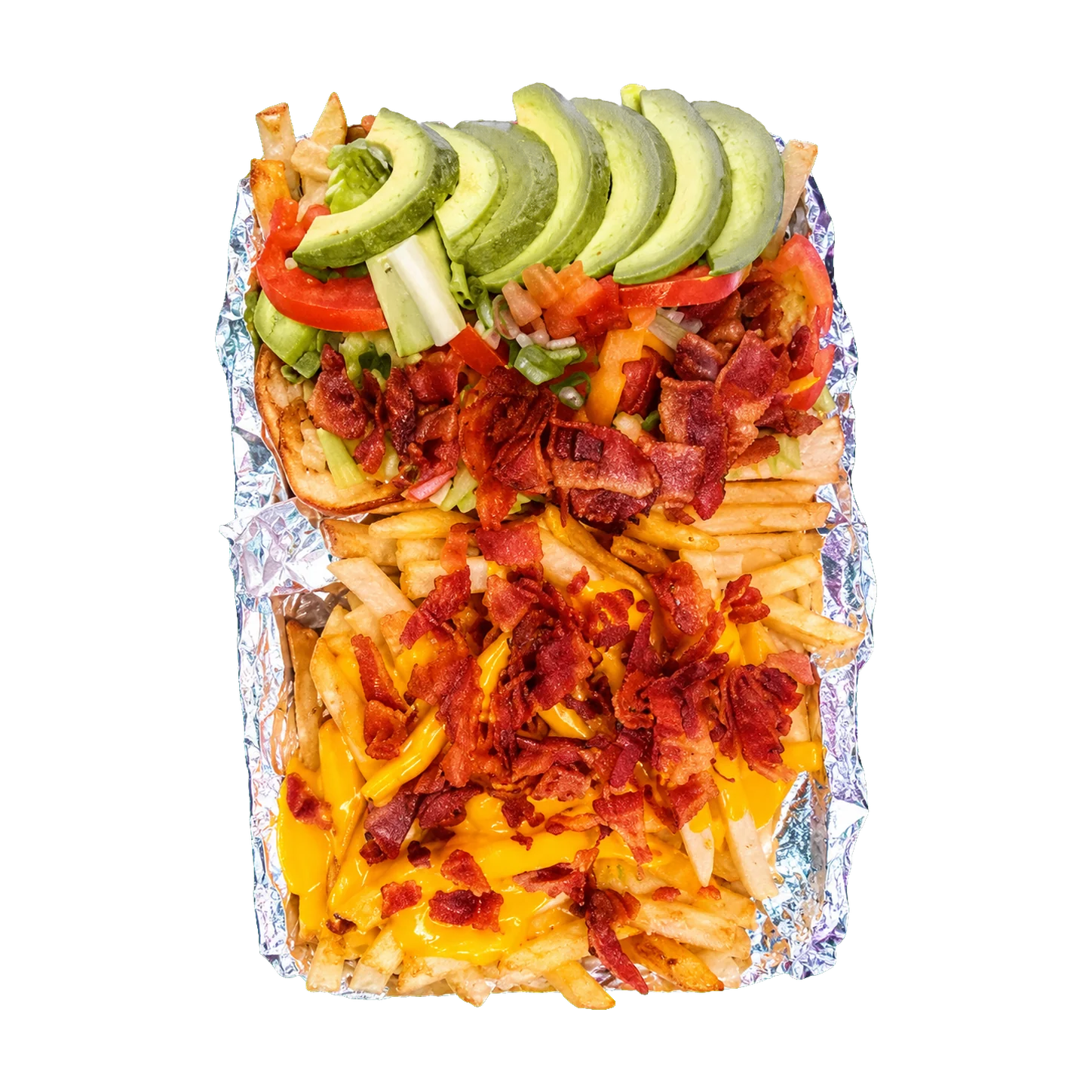 Loaded fries covered with cheese and bacon with avocado and fresh toppings