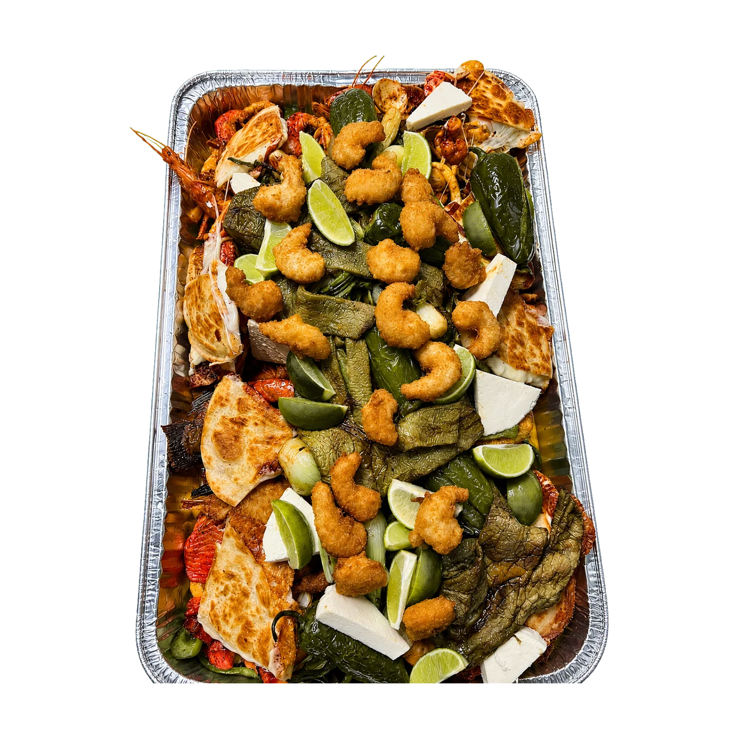 Large parrillada de mariscos with shrimp, grilled seafood, peppers, quesadillas and lime