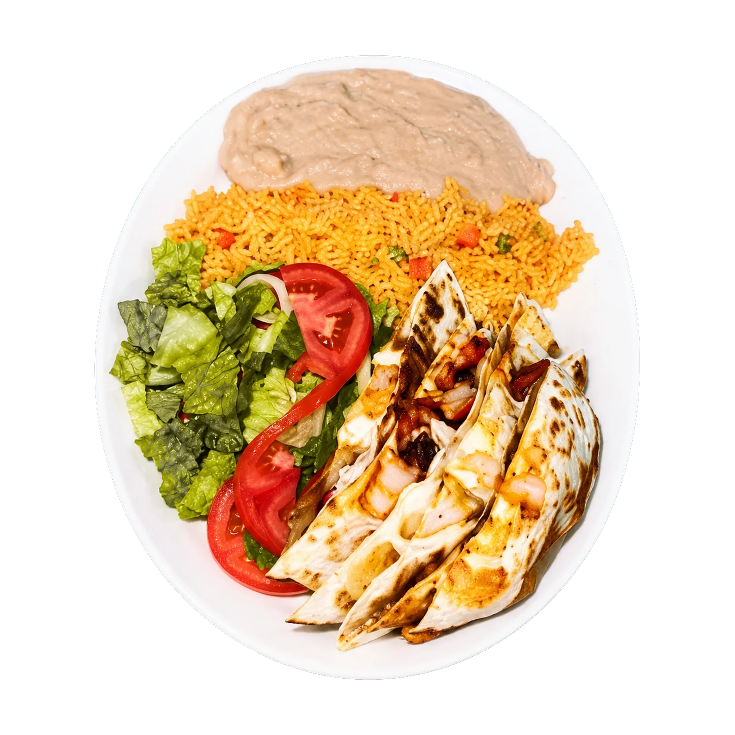 Shrimp quesadilla dinner with rice, beans and salad