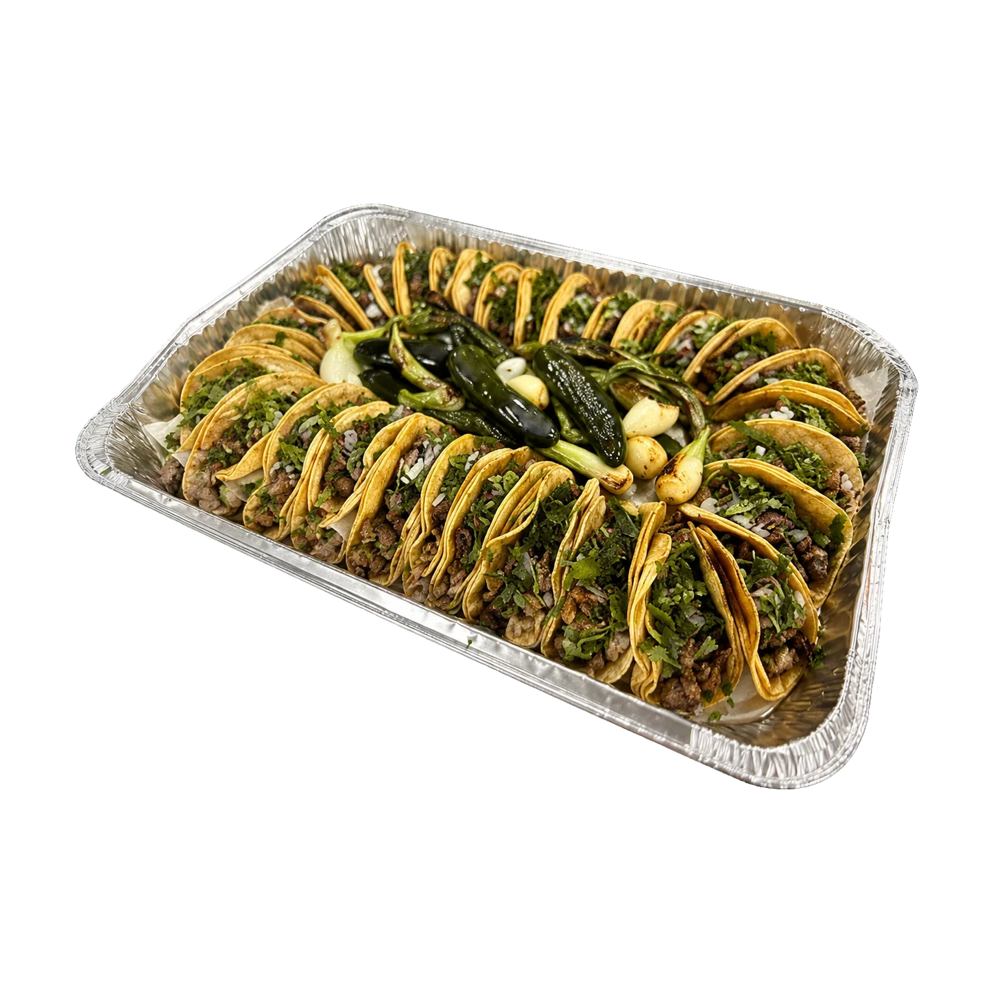 Large catering tray filled with tacos, grilled onions and jalapenos
